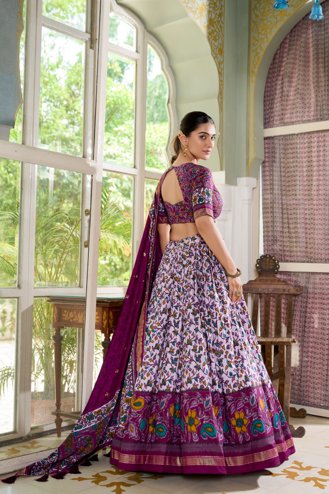 Amazing Tussar Silk Floral Printed Foil Worked Lehenga Choli Set