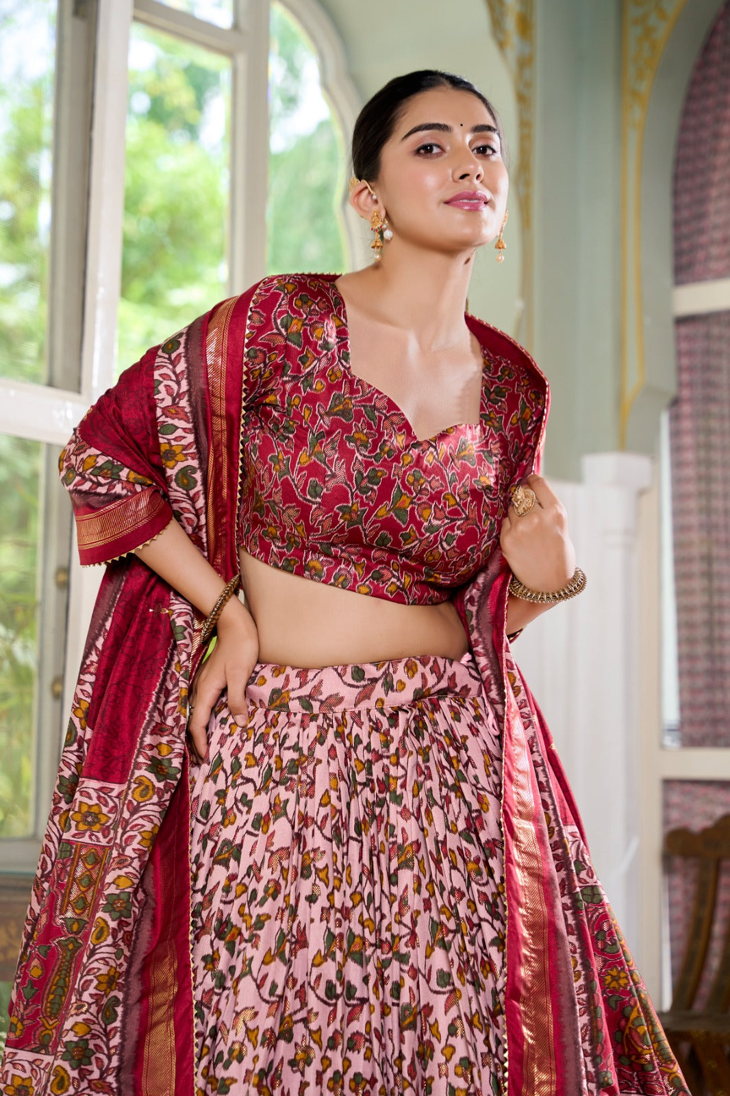 Amazing Tussar Silk Floral Printed Foil Worked Lehenga Choli Set