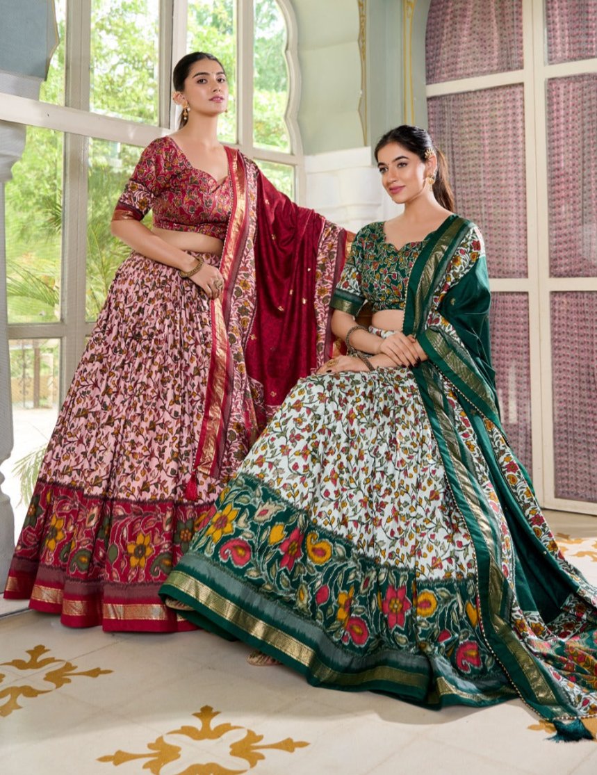 Amazing Tussar Silk Floral Printed Foil Worked Lehenga Choli Set