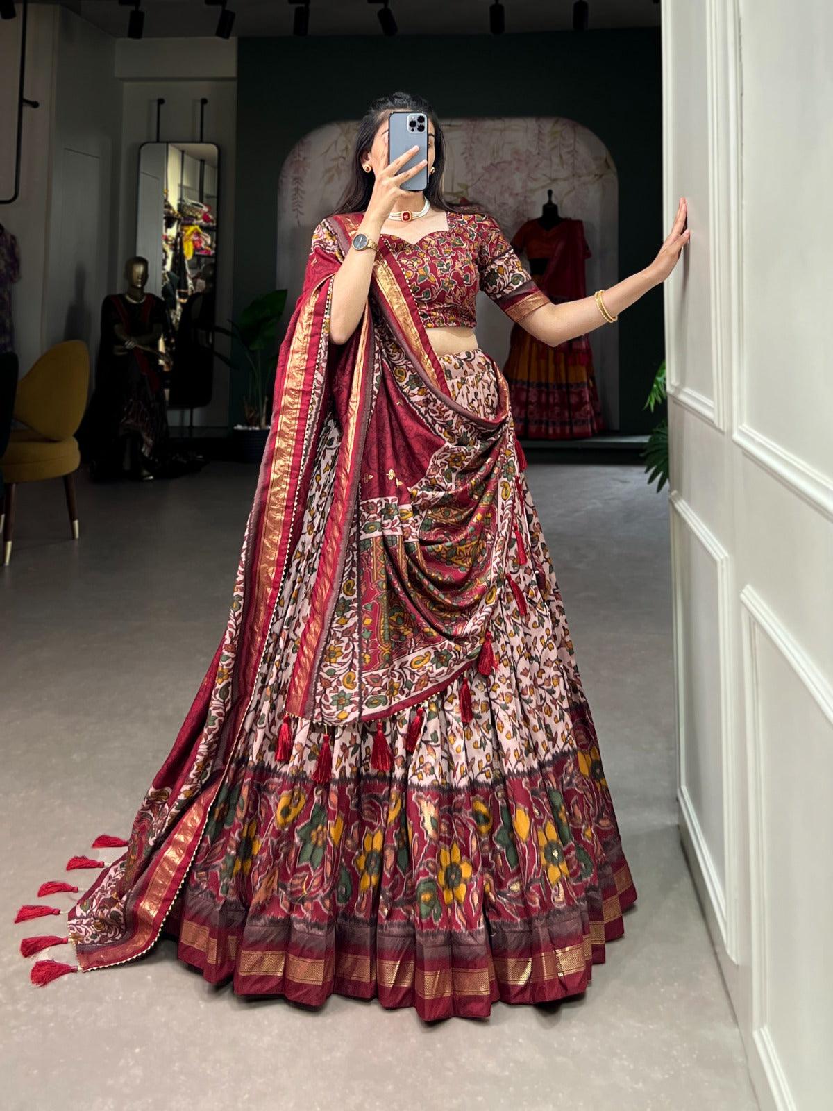 Amazing Tussar Silk Floral Printed Foil Worked Lehenga Choli Set