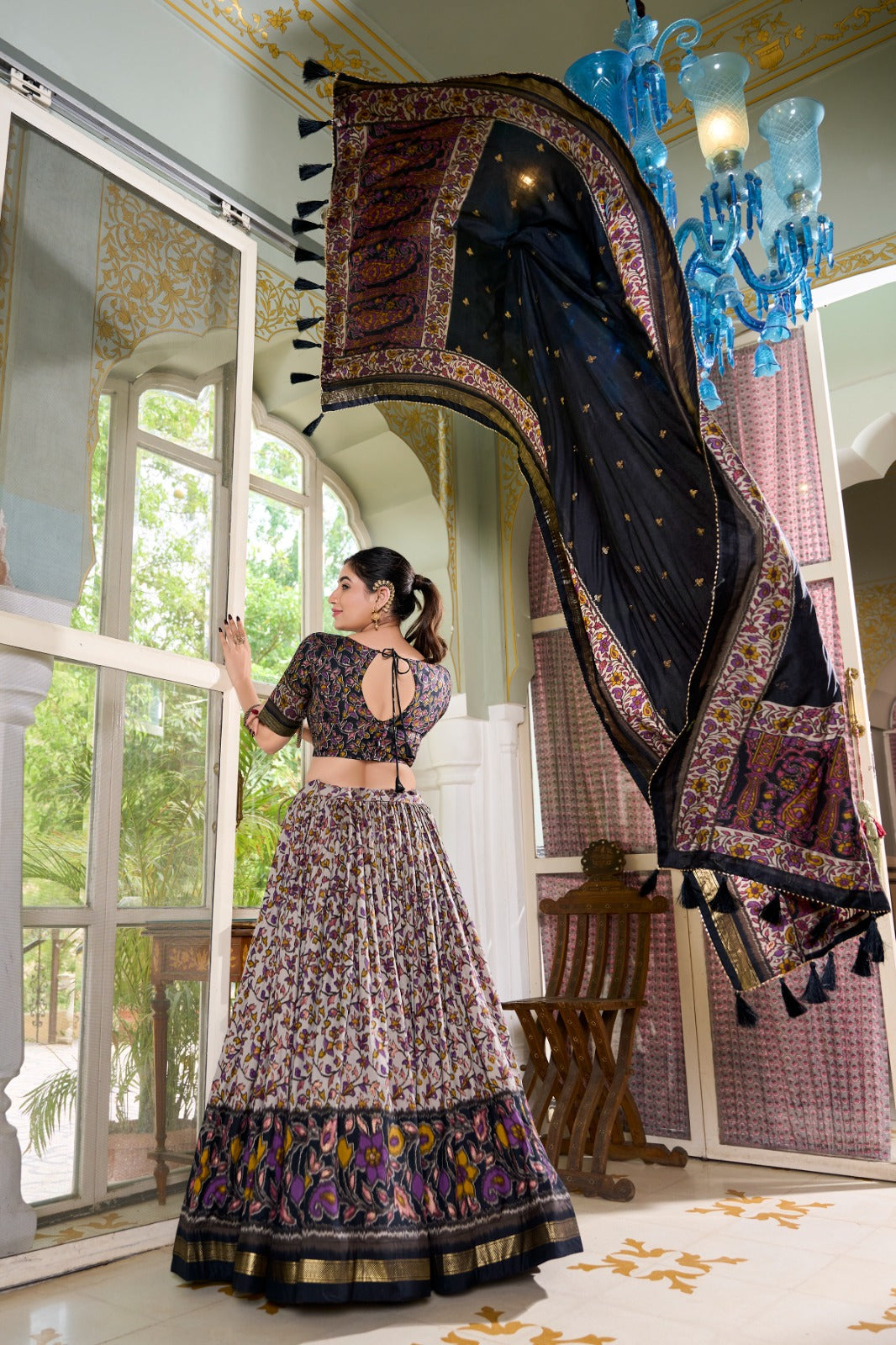 Amazing Tussar Silk Floral Printed Foil Worked Lehenga Choli Set