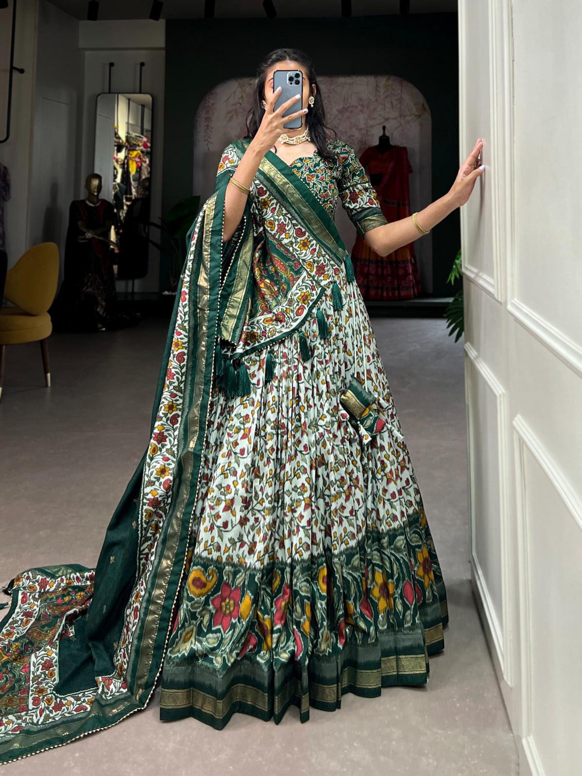 Amazing Tussar Silk Floral Printed Foil Worked Lehenga Choli Set