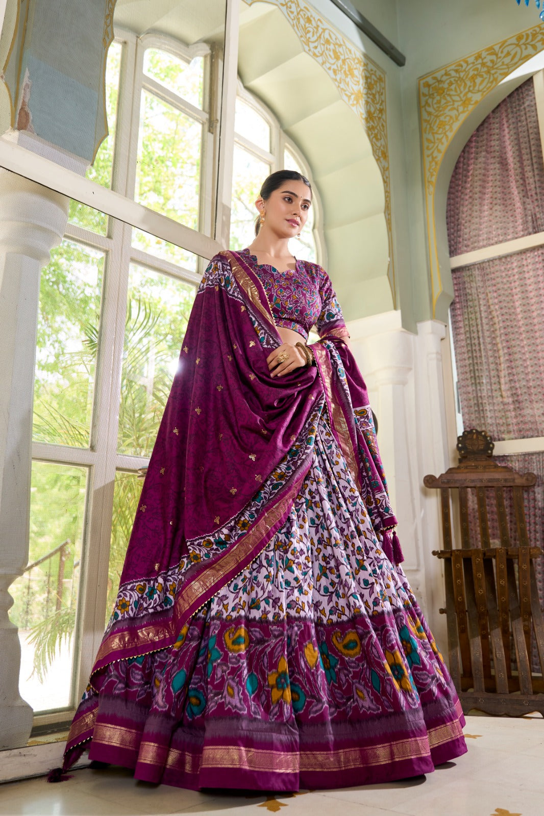 Amazing Tussar Silk Floral Printed Foil Worked Lehenga Choli Set