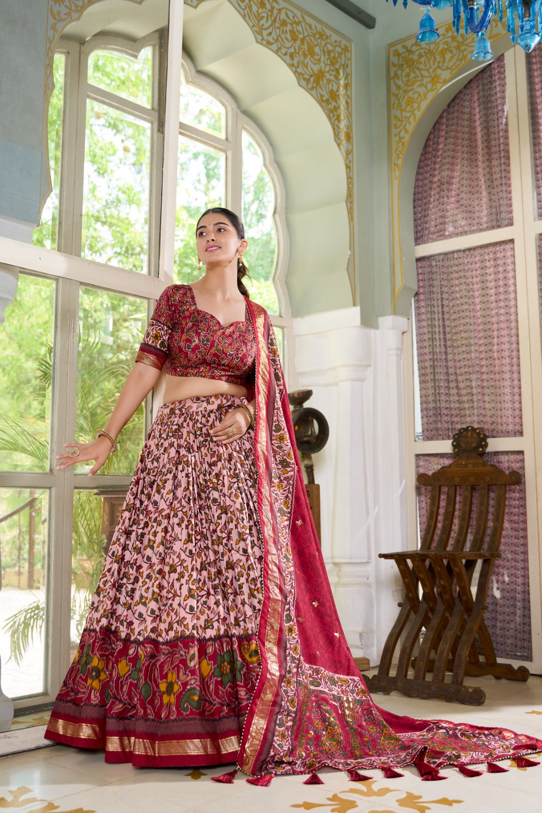 Amazing Tussar Silk Floral Printed Foil Worked Lehenga Choli Set