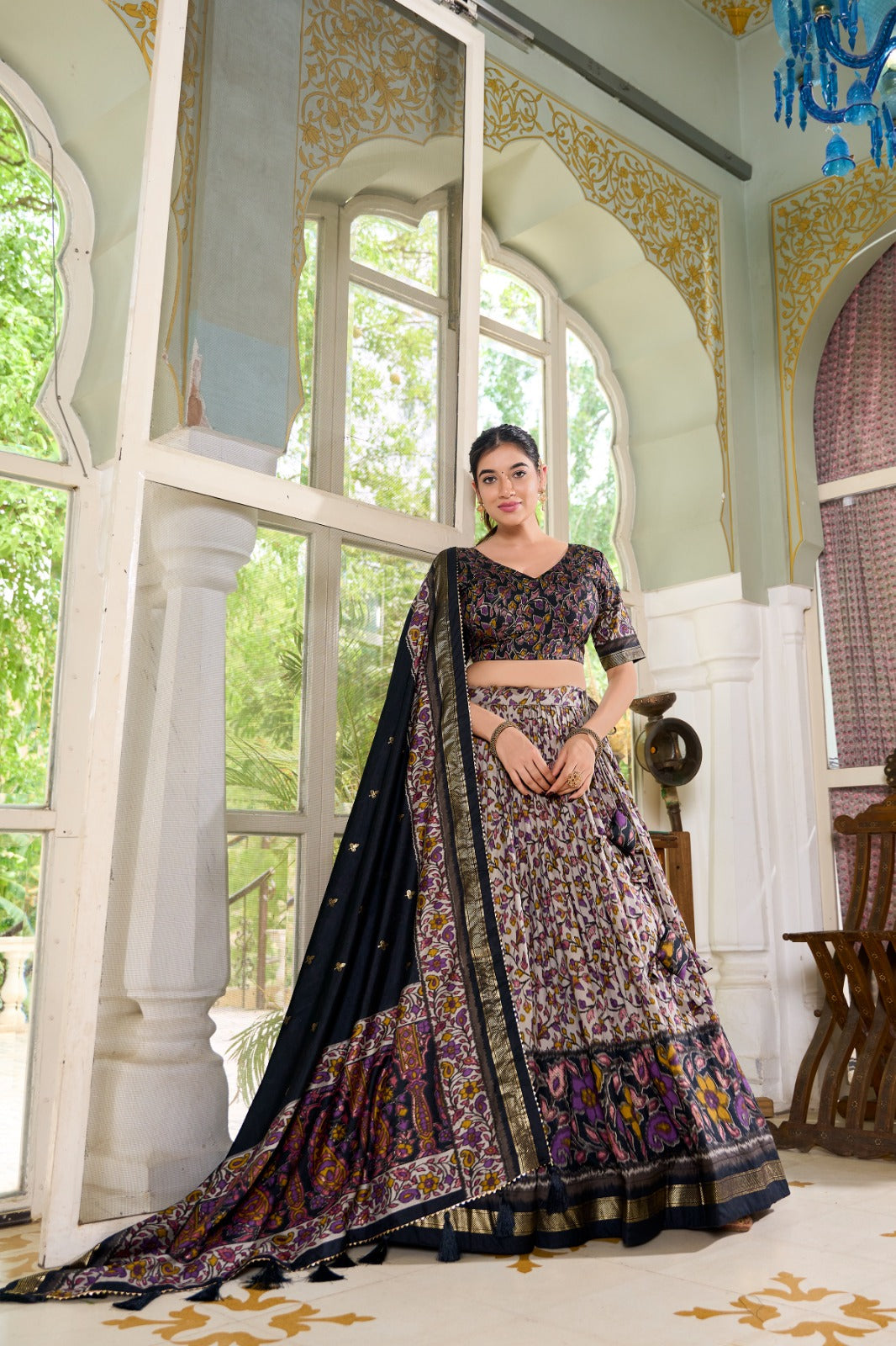 Amazing Tussar Silk Floral Printed Foil Worked Lehenga Choli Set