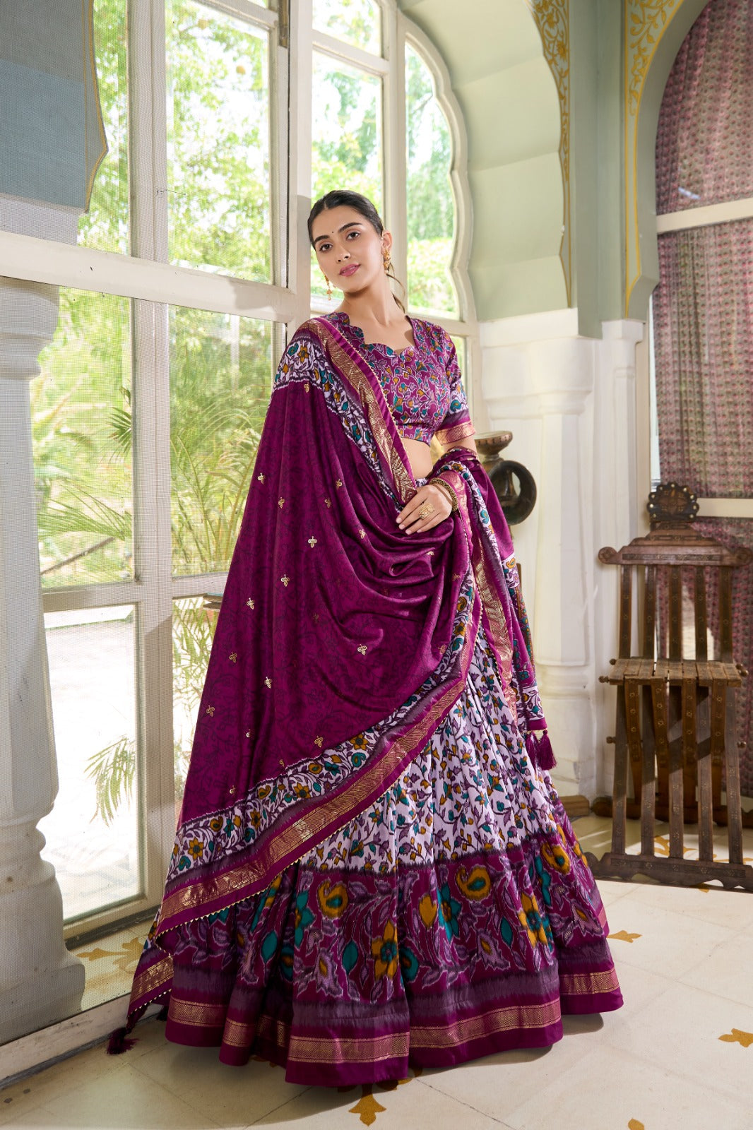 Amazing Tussar Silk Floral Printed Foil Worked Lehenga Choli Set