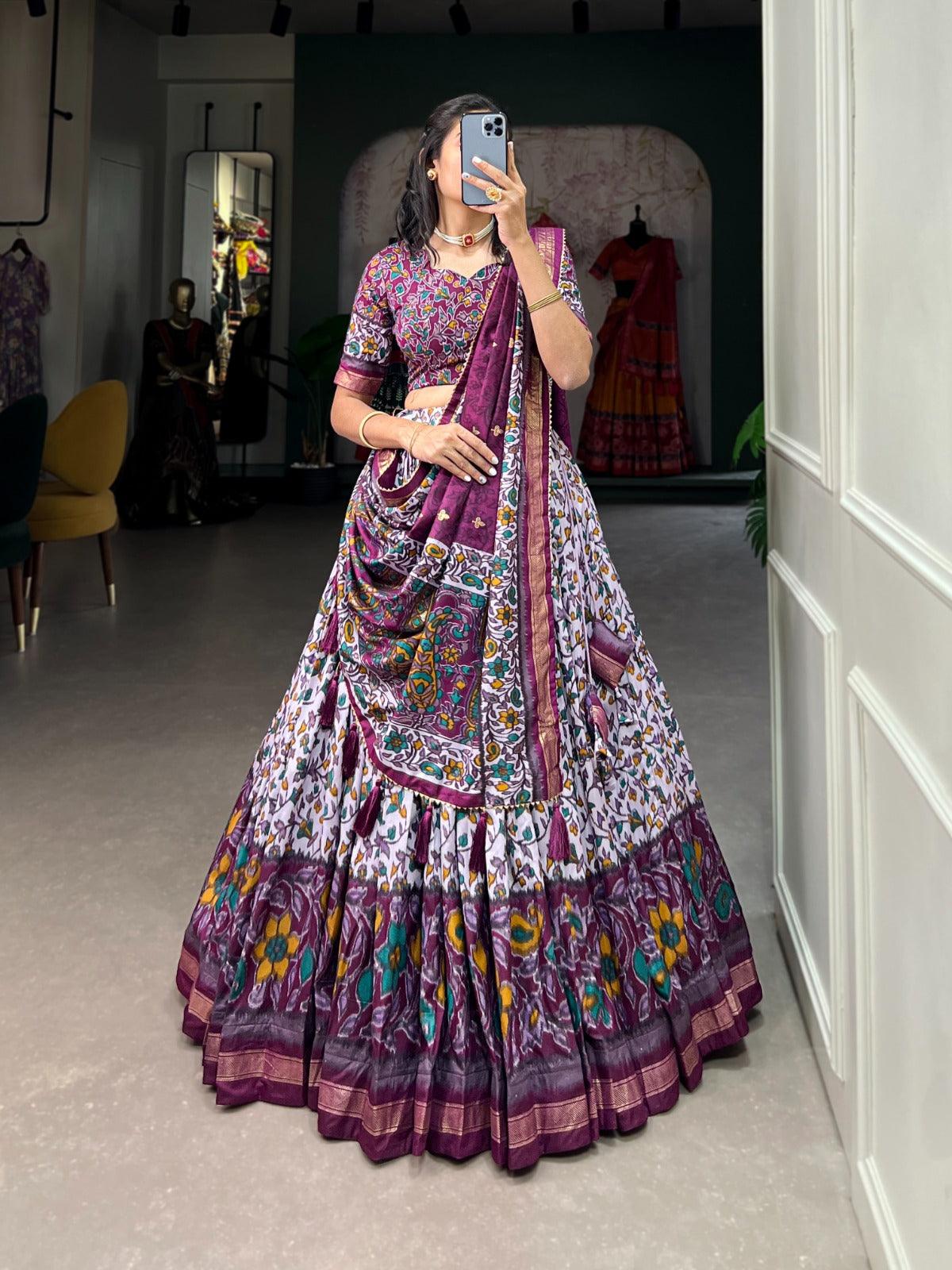 Amazing Tussar Silk Floral Printed Foil Worked Lehenga Choli Set