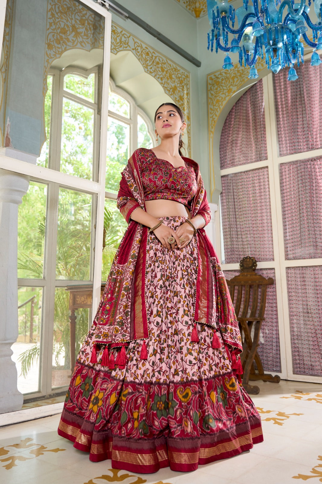 Amazing Tussar Silk Floral Printed Foil Worked Lehenga Choli Set