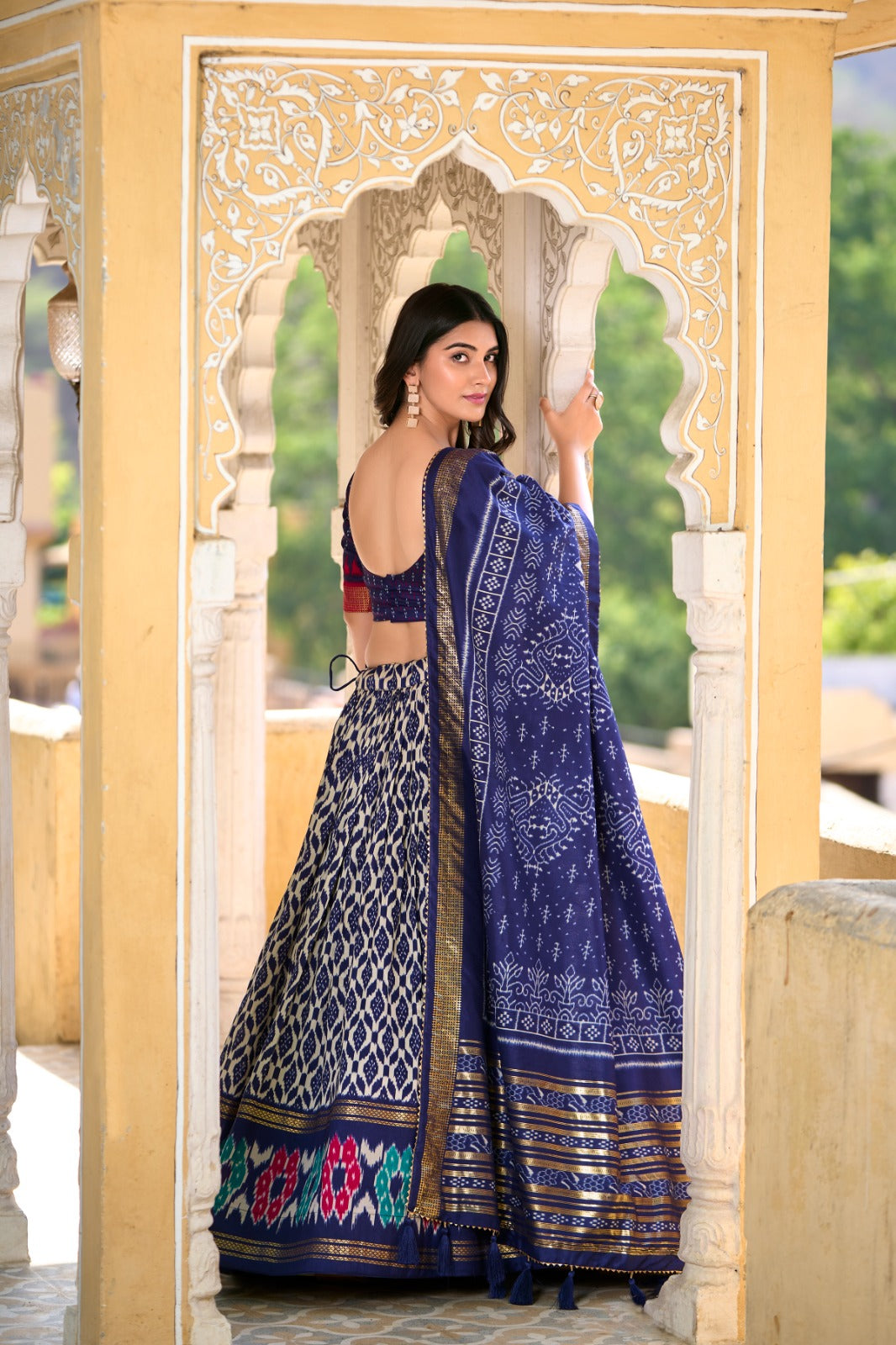 Colourful Tussar Silk Printed Foil Worked Lehenga Choli Set