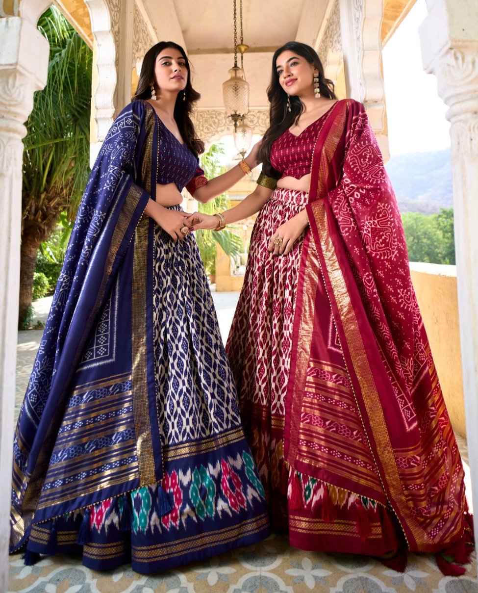 Colourful Tussar Silk Printed Foil Worked Lehenga Choli Set