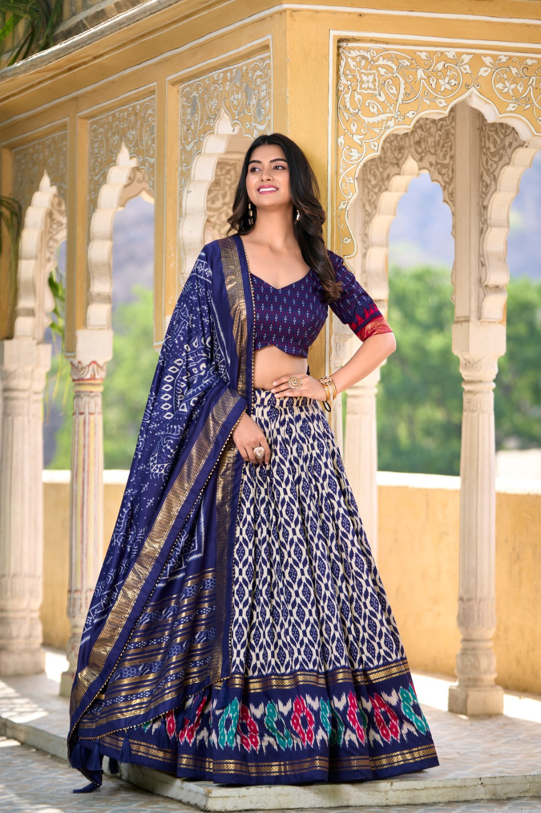 Colourful Tussar Silk Printed Foil Worked Lehenga Choli Set