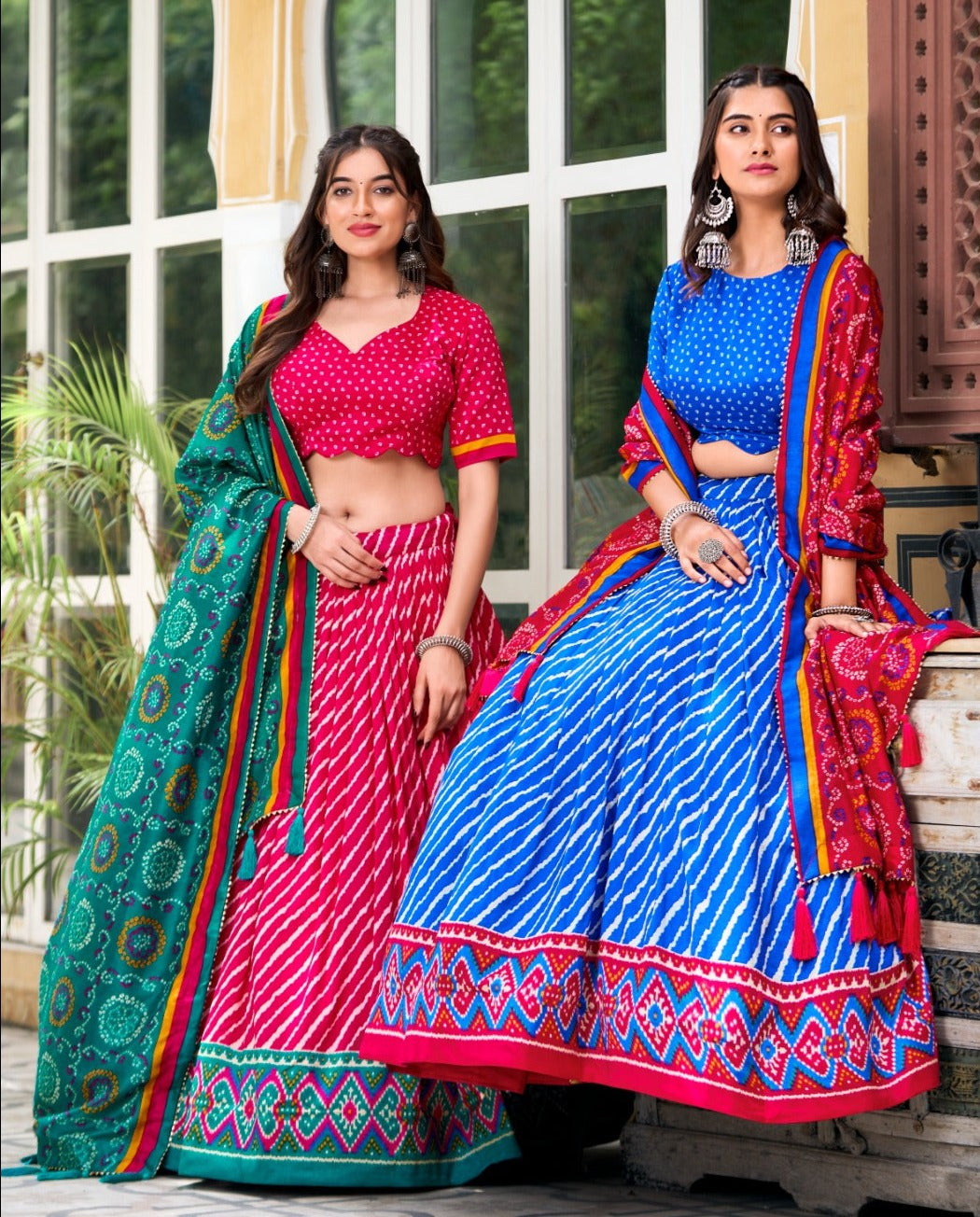 Navratri Wear Tussar Silk Leheriya Printed Lehenga Choli Set