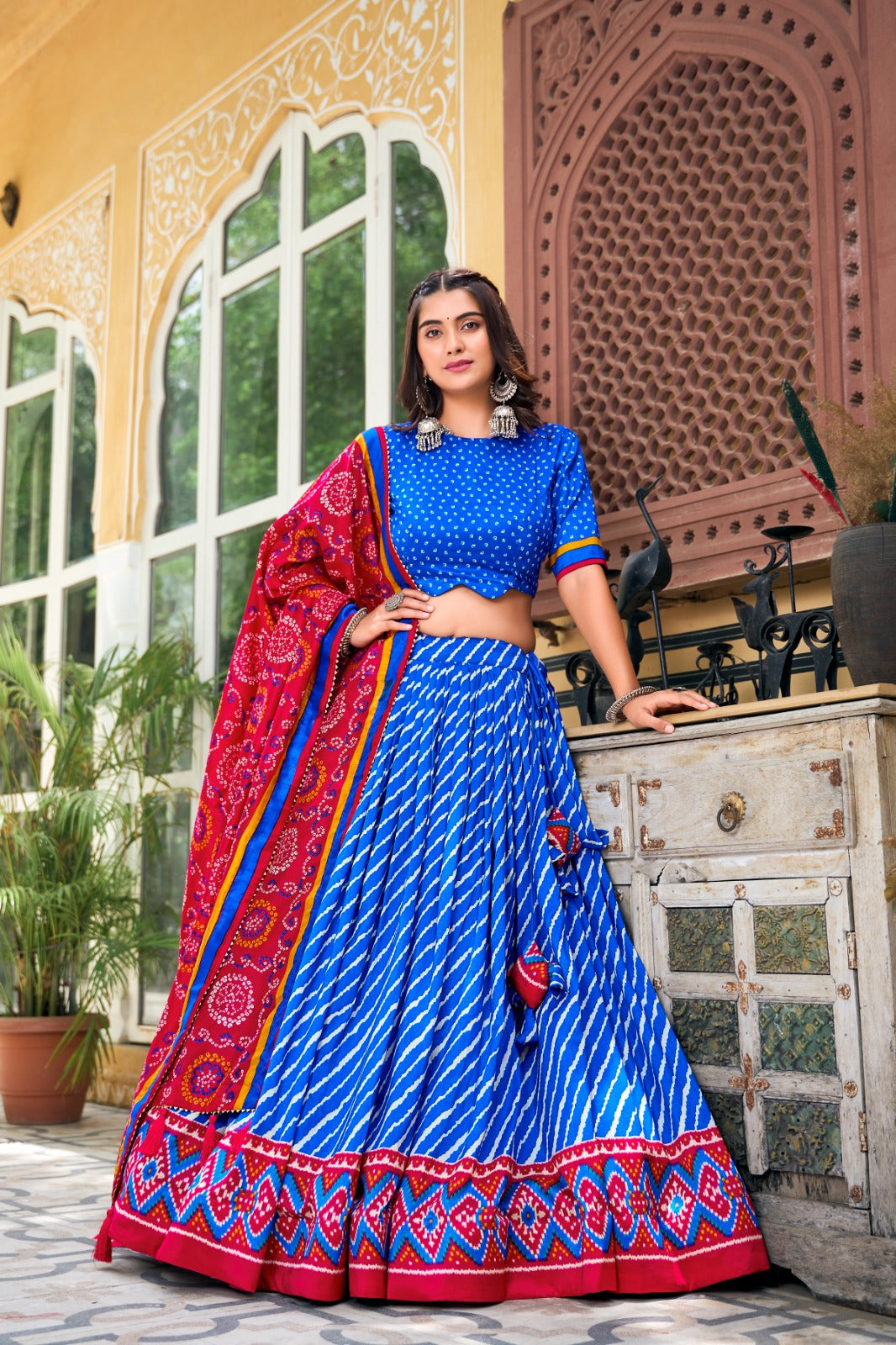 Navratri Wear Tussar Silk Leheriya Printed Lehenga Choli Set