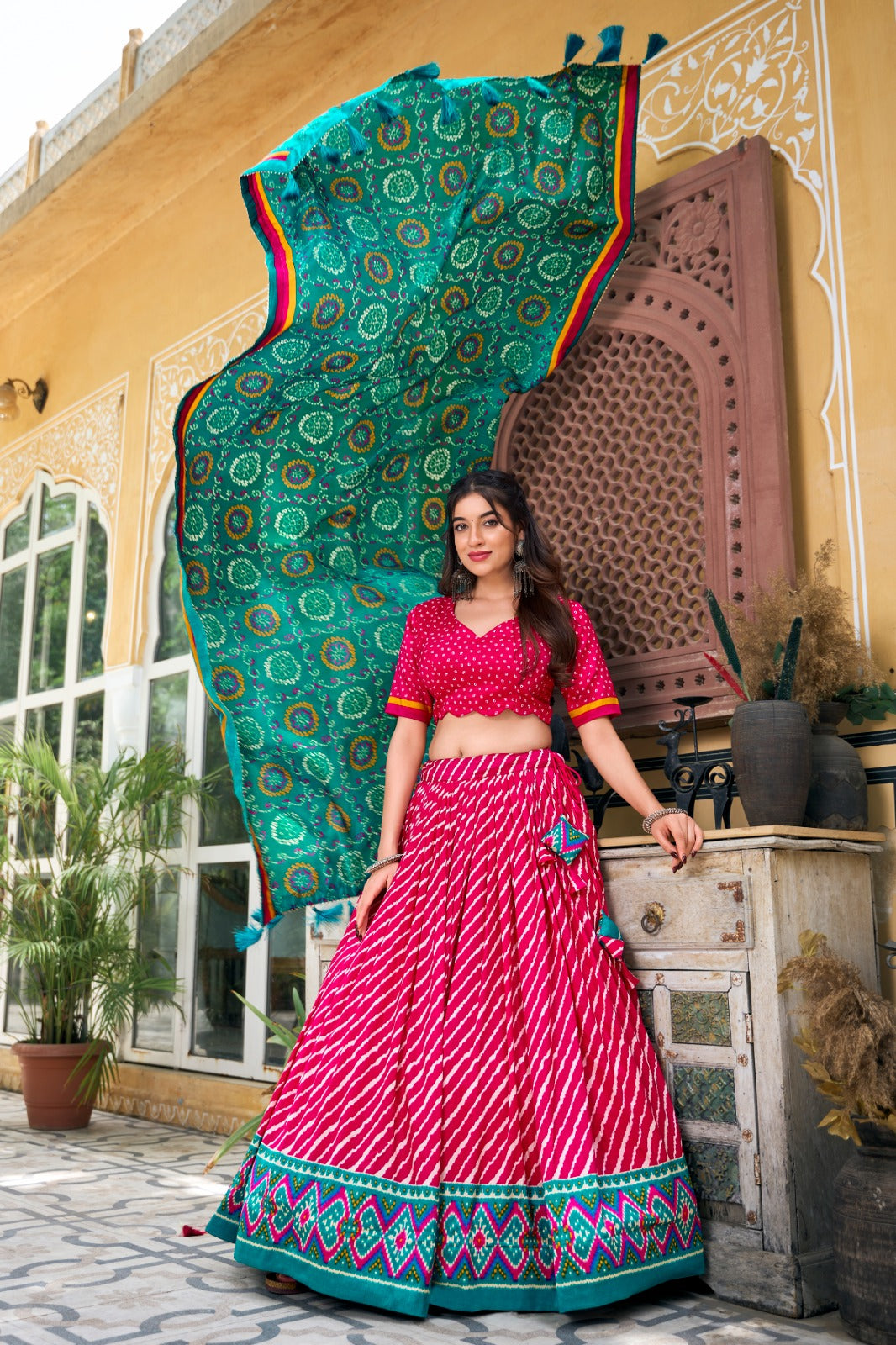 Navratri Wear Tussar Silk Leheriya Printed Lehenga Choli Set