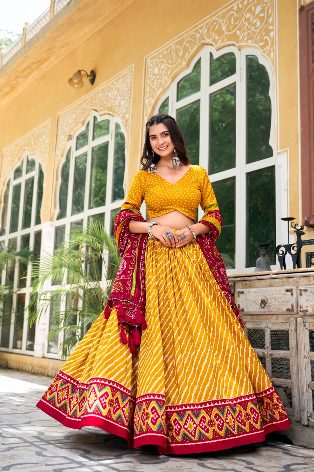 Navratri Wear Tussar Silk Leheriya Printed Lehenga Choli Set