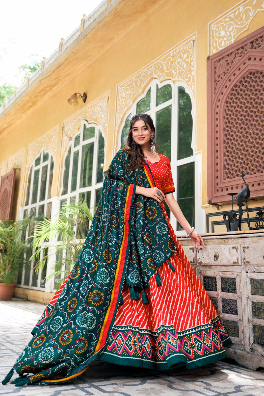 Navratri Wear Tussar Silk Leheriya Printed Lehenga Choli Set