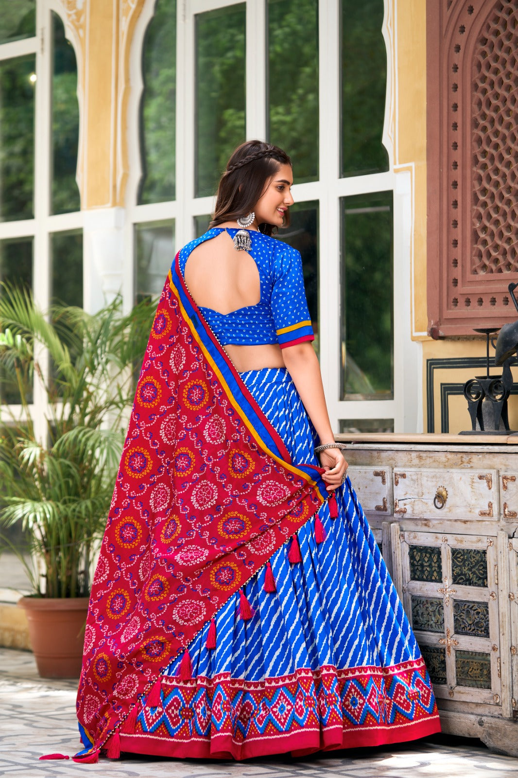 Navratri Wear Tussar Silk Leheriya Printed Lehenga Choli Set