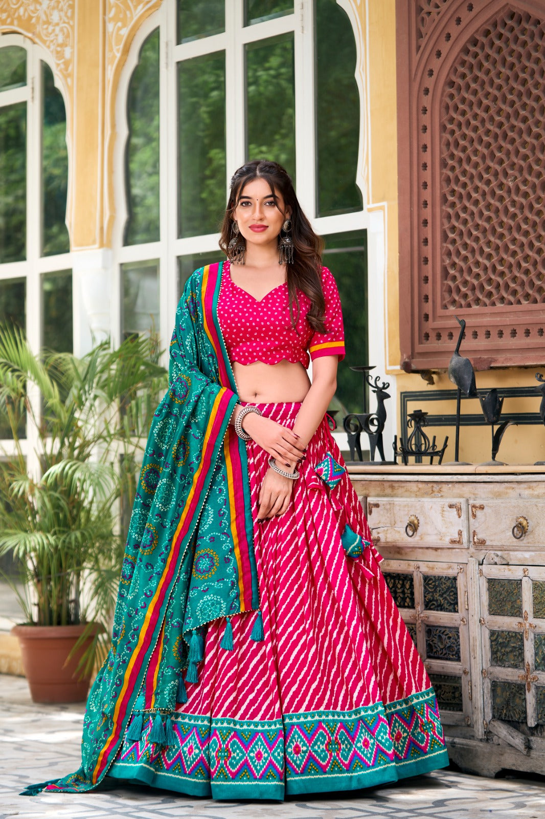 Navratri Wear Tussar Silk Leheriya Printed Lehenga Choli Set