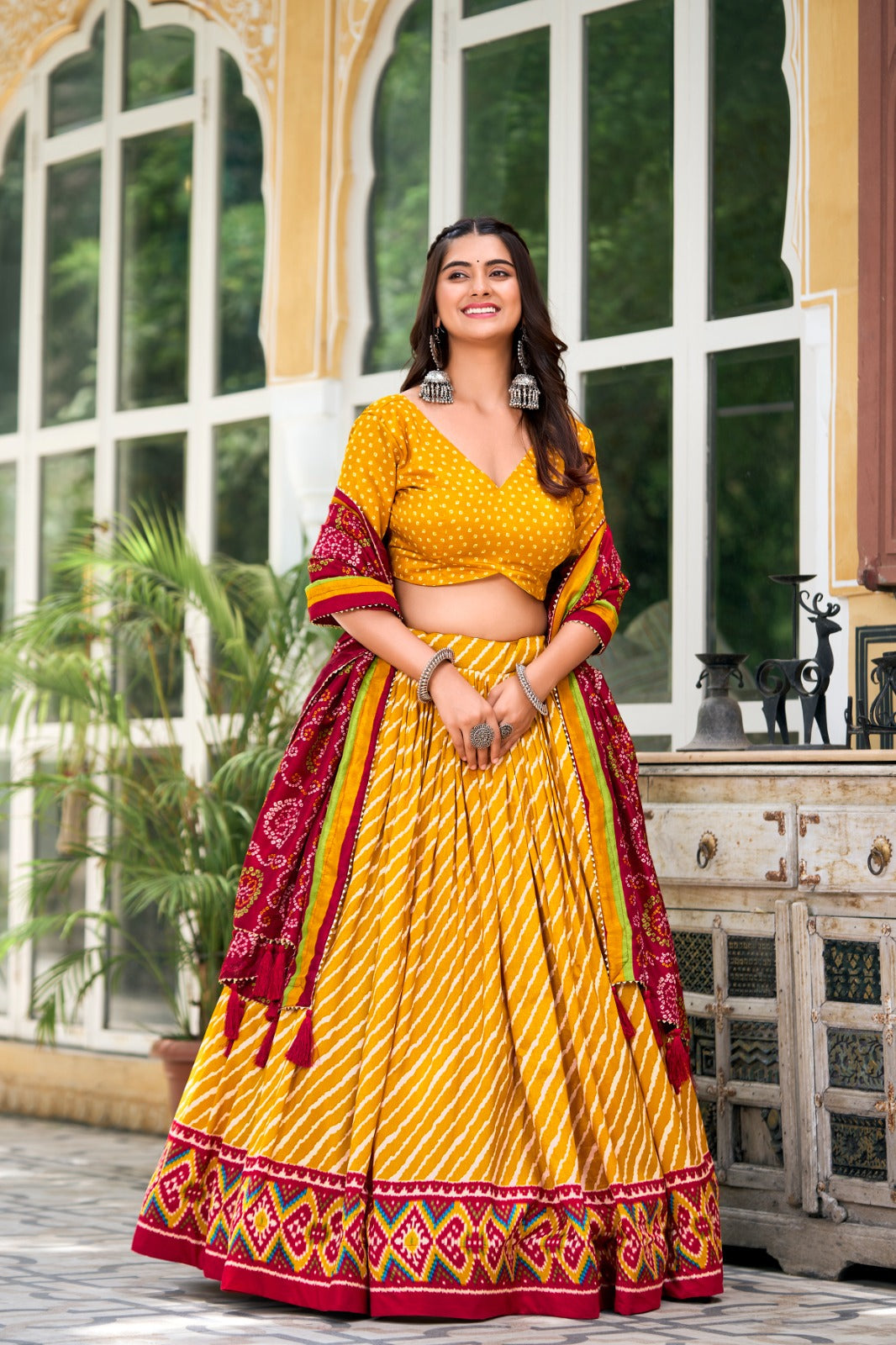 Navratri Wear Tussar Silk Leheriya Printed Lehenga Choli Set