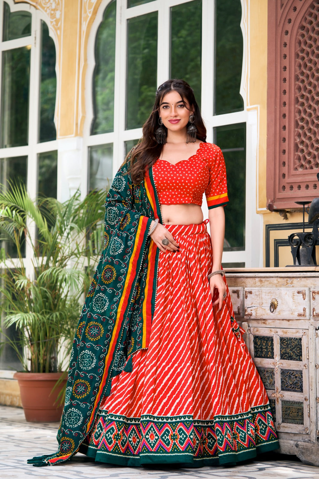 Navratri Wear Tussar Silk Leheriya Printed Lehenga Choli Set