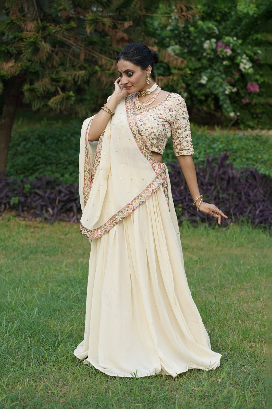 Off White Georgette Sequins Embroidered Lehenga Choli Set