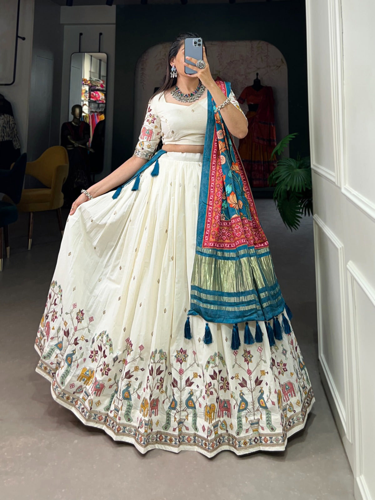 White Khadi Cotton Sequins Thread Embroidered Designer Lehenga Set