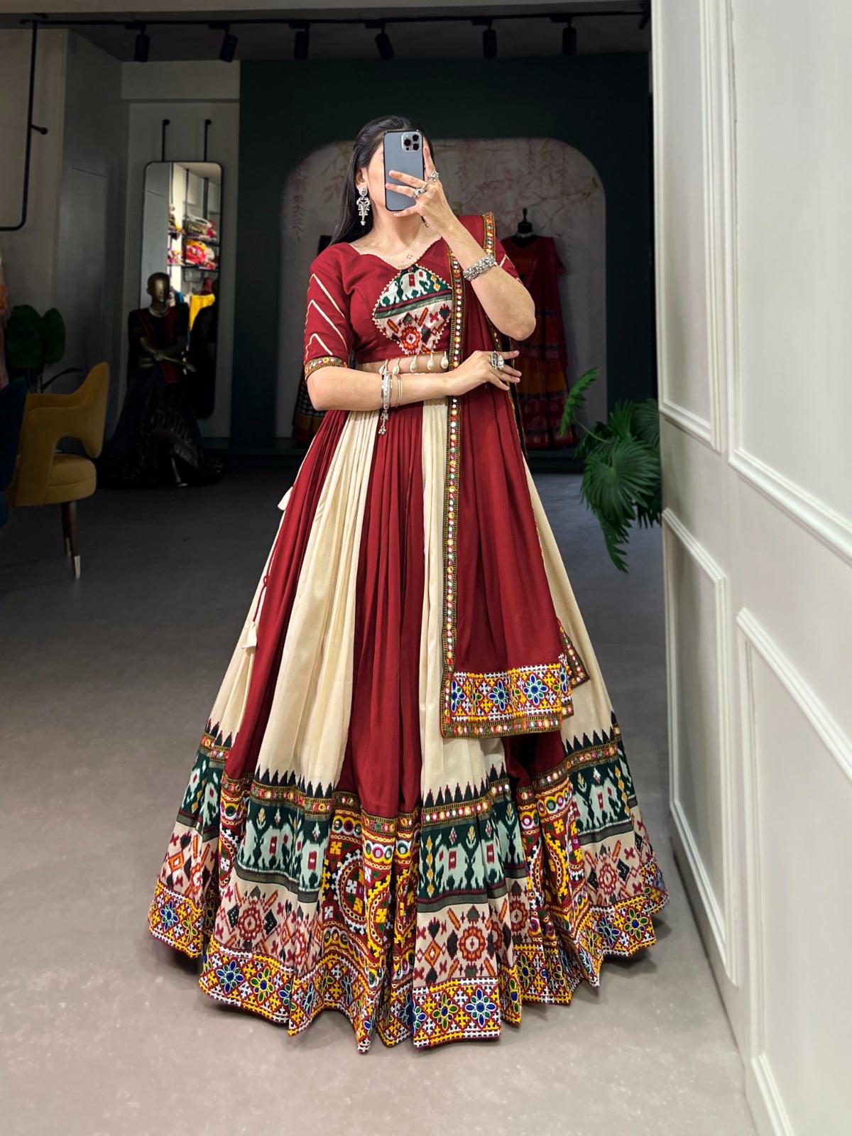 Navratri Wear Rayon Printed Silk Mirror Worked Lehenga Set