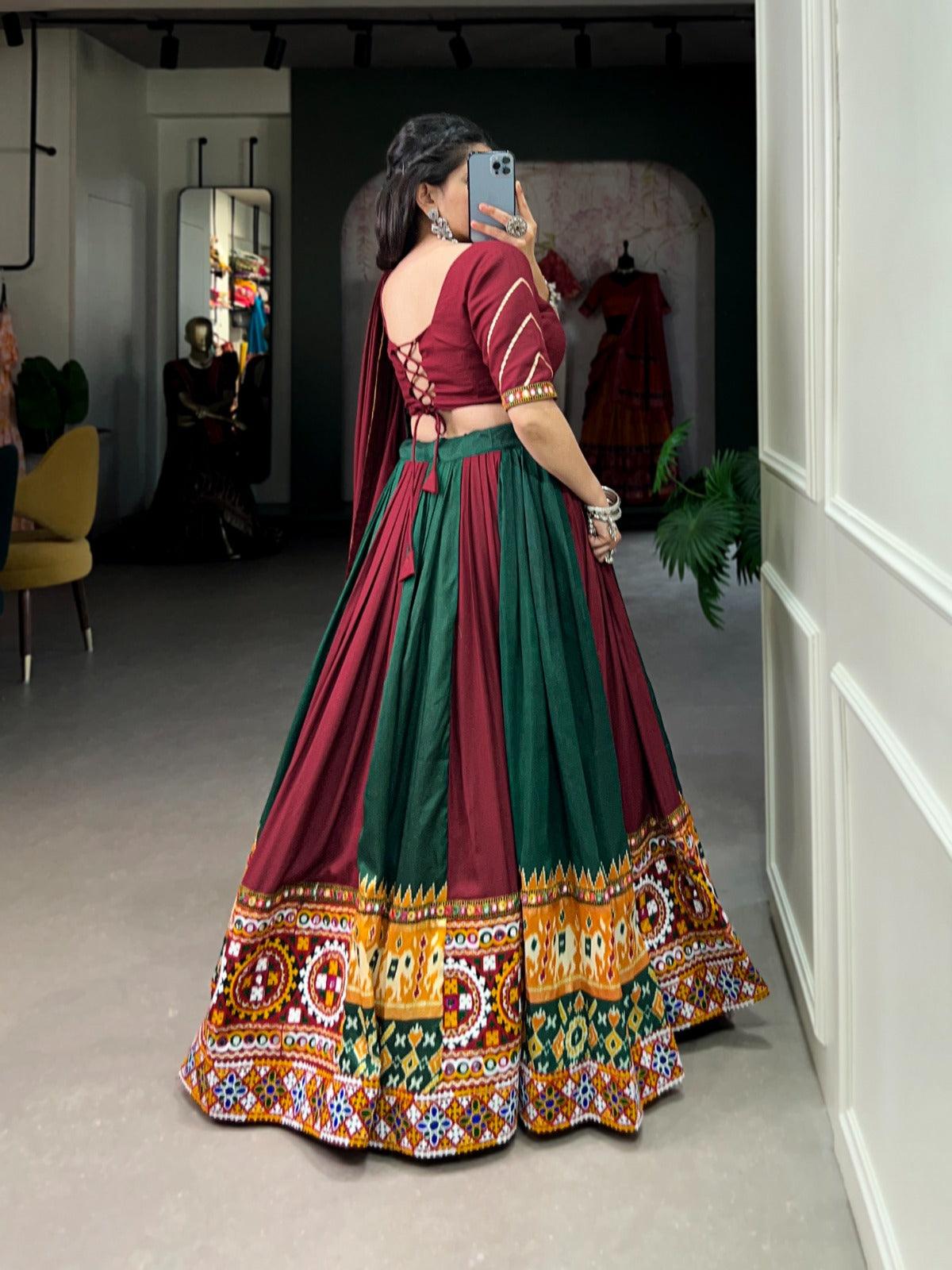 Navratri Wear Rayon Printed Silk Mirror Worked Lehenga Set