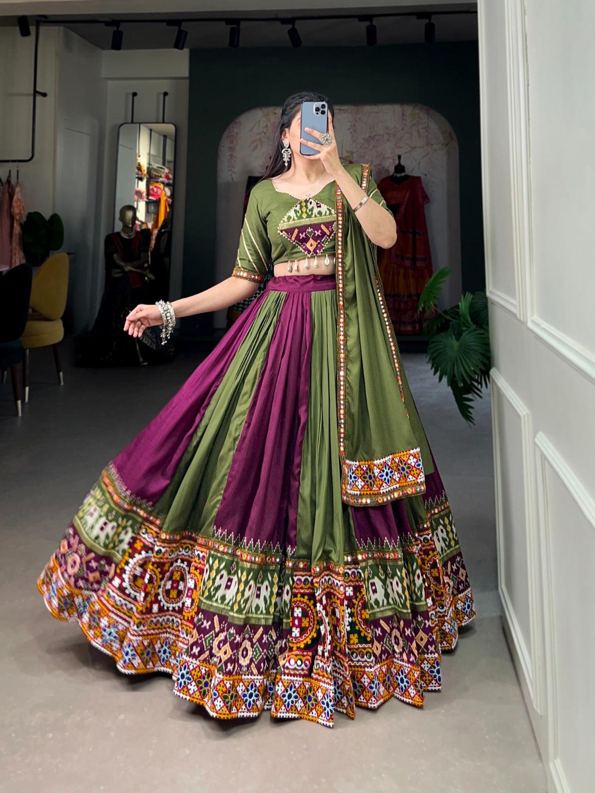 Navratri Wear Rayon Printed Silk Mirror Worked Lehenga Set