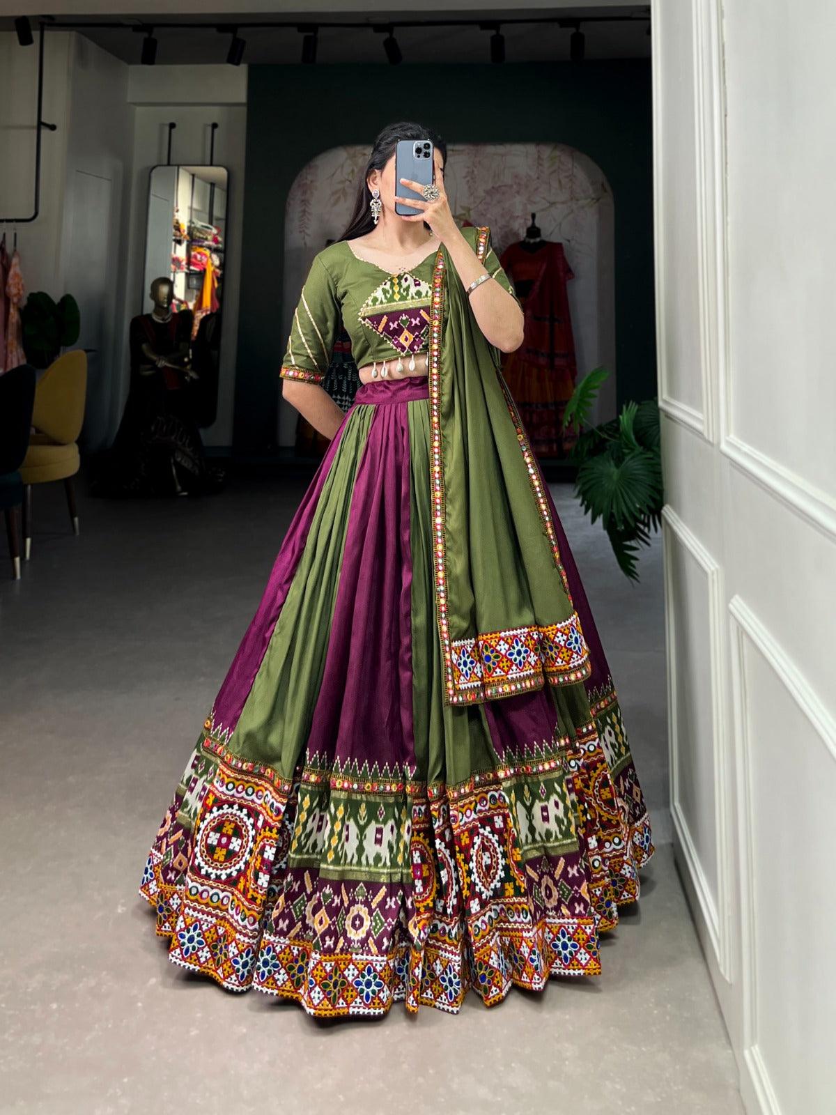 Navratri Wear Rayon Printed Silk Mirror Worked Lehenga Set