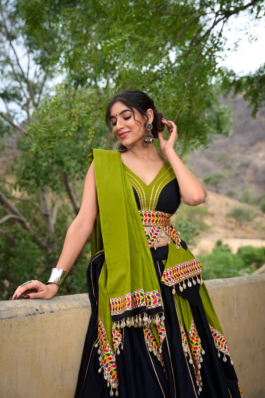 Navratri Wear Black Parrot Green Pure Cotton Lehenga Choli