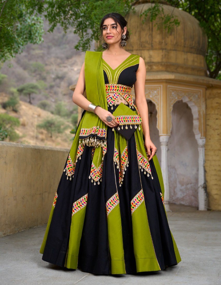 Navratri Wear Black Parrot Green Pure Cotton Lehenga Choli