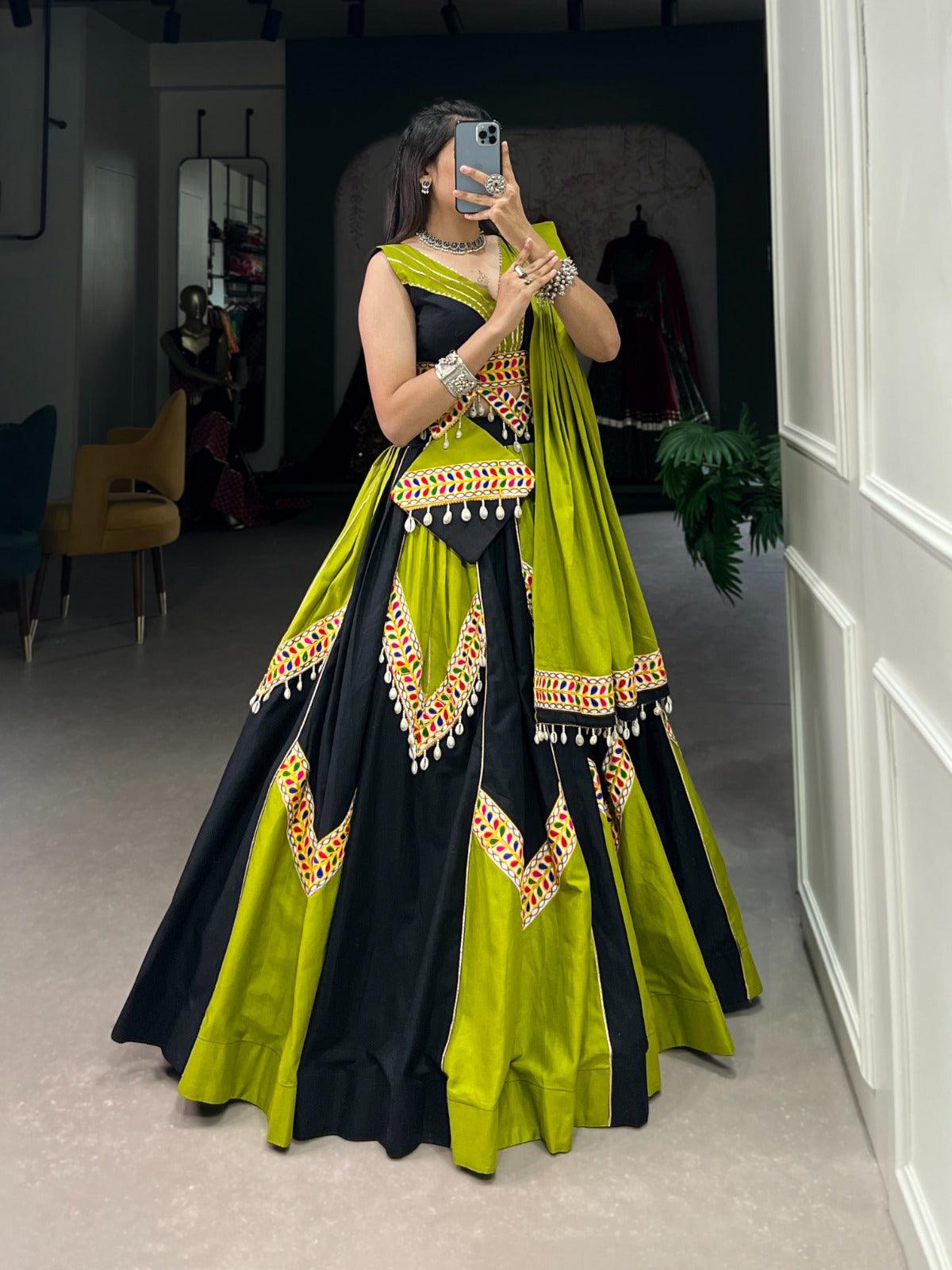 Navratri Wear Black Parrot Green Pure Cotton Lehenga Choli