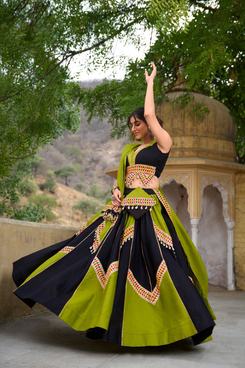 Navratri Wear Black Parrot Green Pure Cotton Lehenga Choli