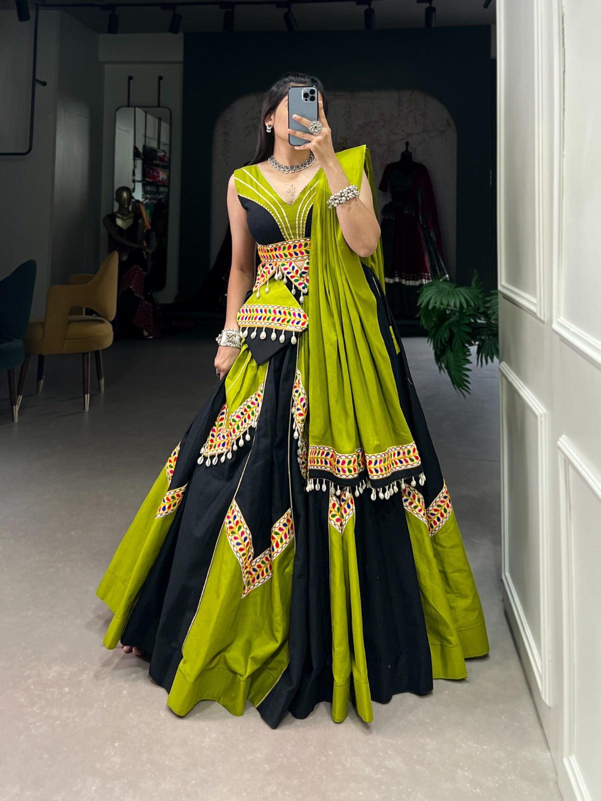 Navratri Wear Black Parrot Green Pure Cotton Lehenga Choli