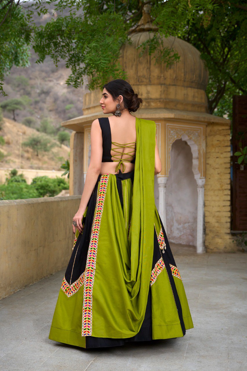 Navratri Wear Black Parrot Green Pure Cotton Lehenga Choli