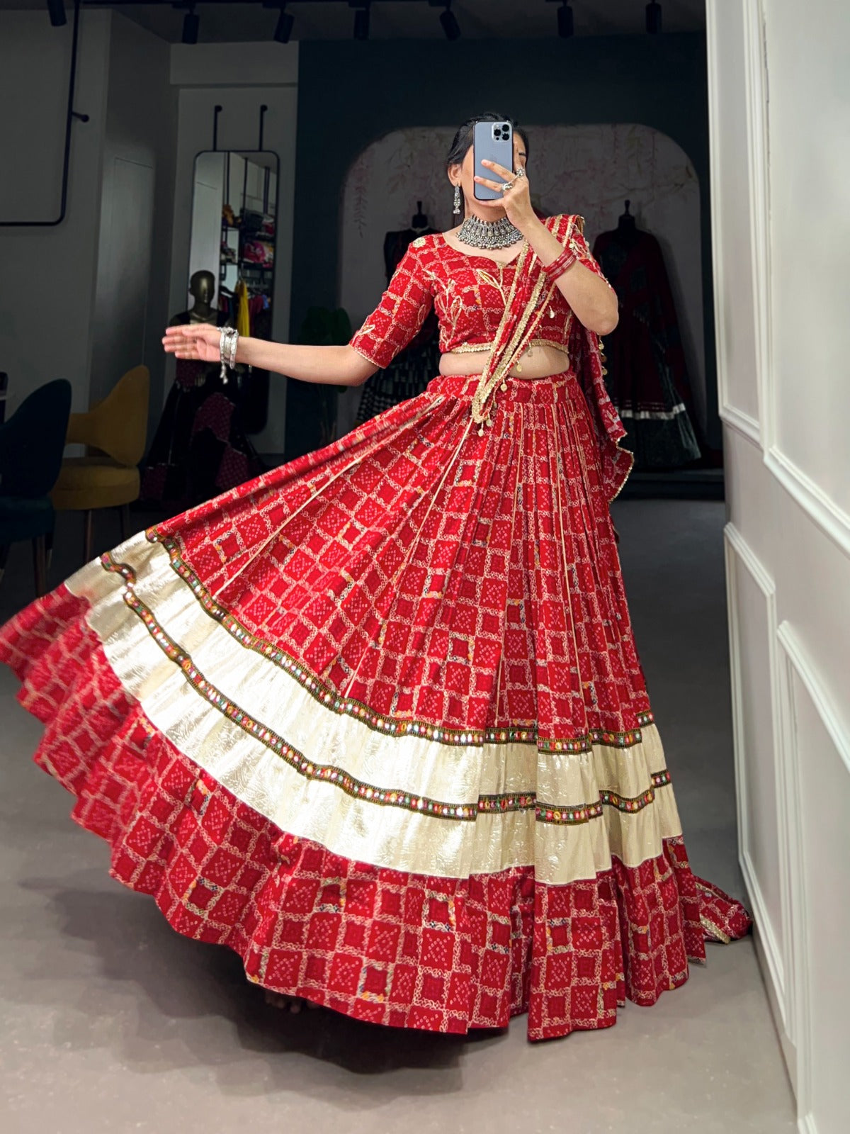 Red Pure Rayon Foil Printed Gota Patti Worked Navratri Lehenga Choli