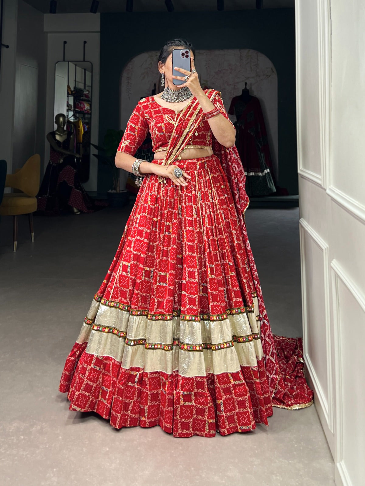 Red Pure Rayon Foil Printed Gota Patti Worked Navratri Lehenga Choli