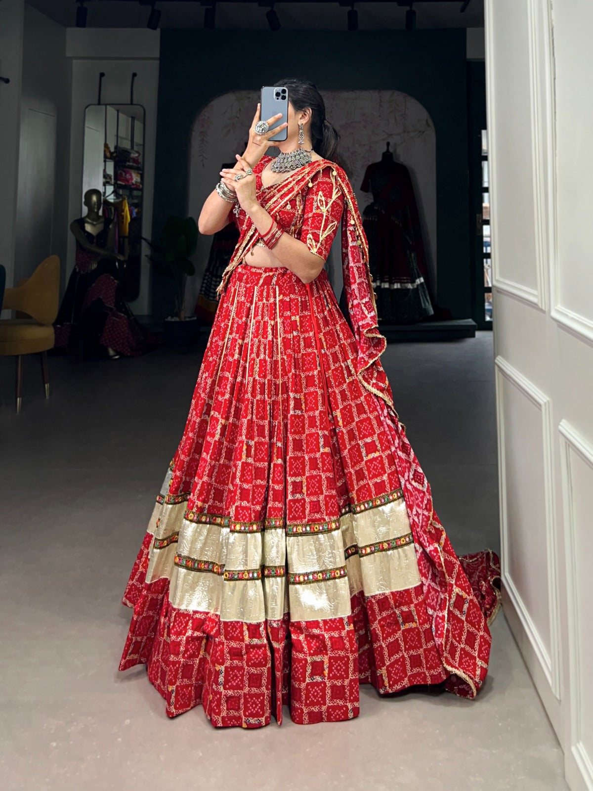 Red Pure Rayon Foil Printed Gota Patti Worked Navratri Lehenga Choli