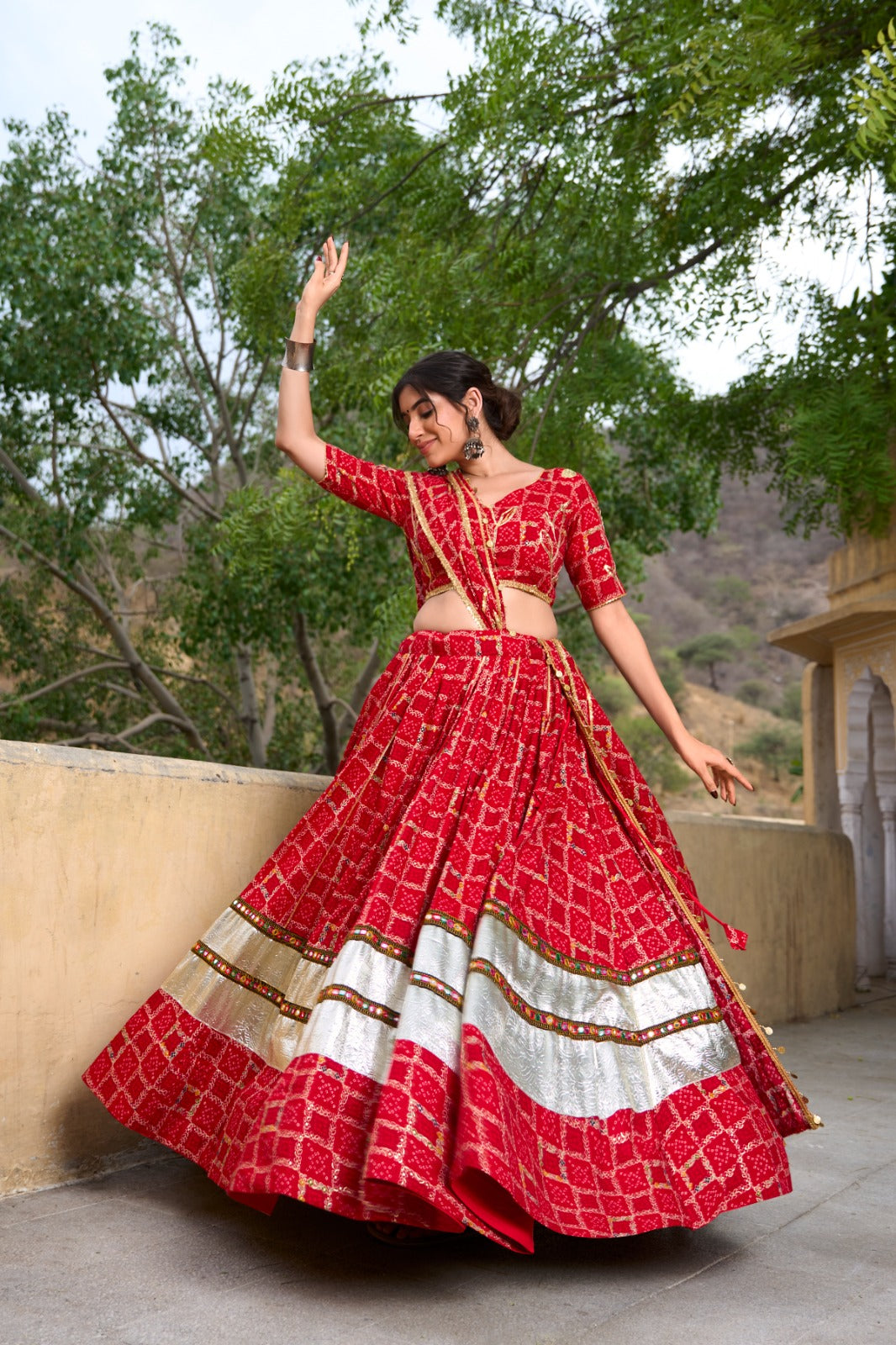 Red Pure Rayon Foil Printed Gota Patti Worked Navratri Lehenga Choli