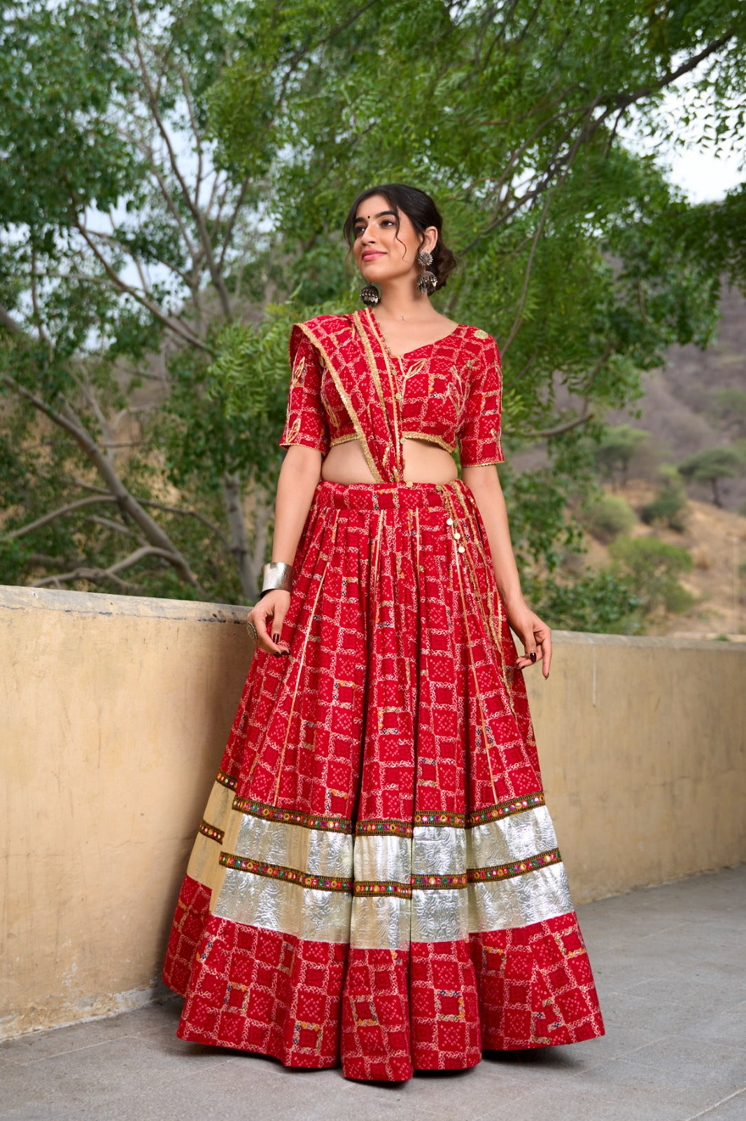 Red Pure Rayon Foil Printed Gota Patti Worked Navratri Lehenga Choli