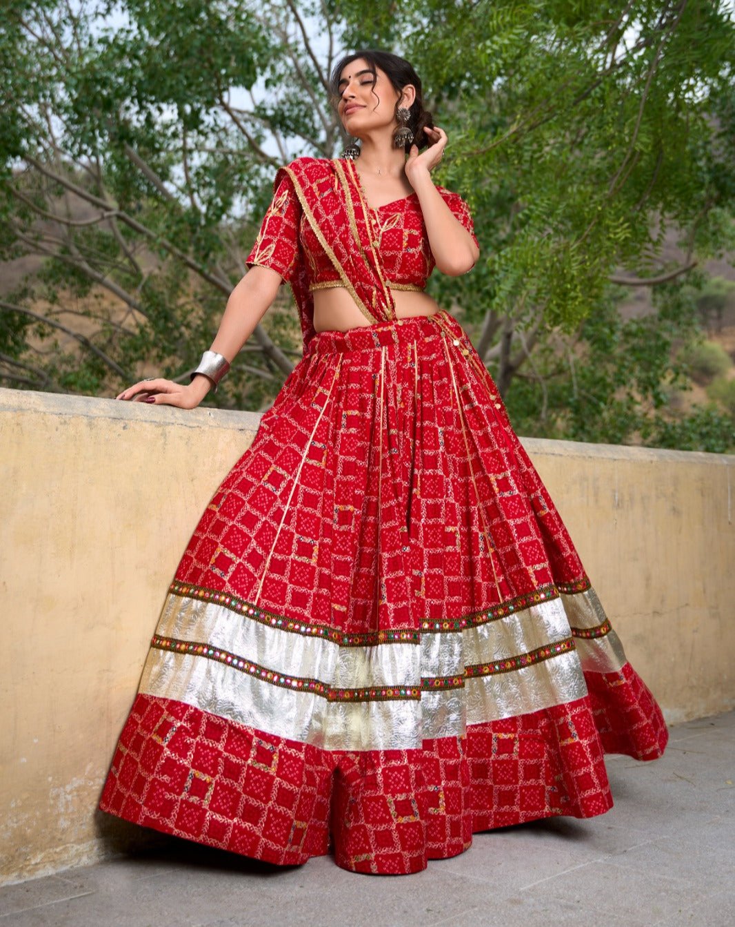 Red Pure Rayon Foil Printed Gota Patti Worked Navratri Lehenga Choli