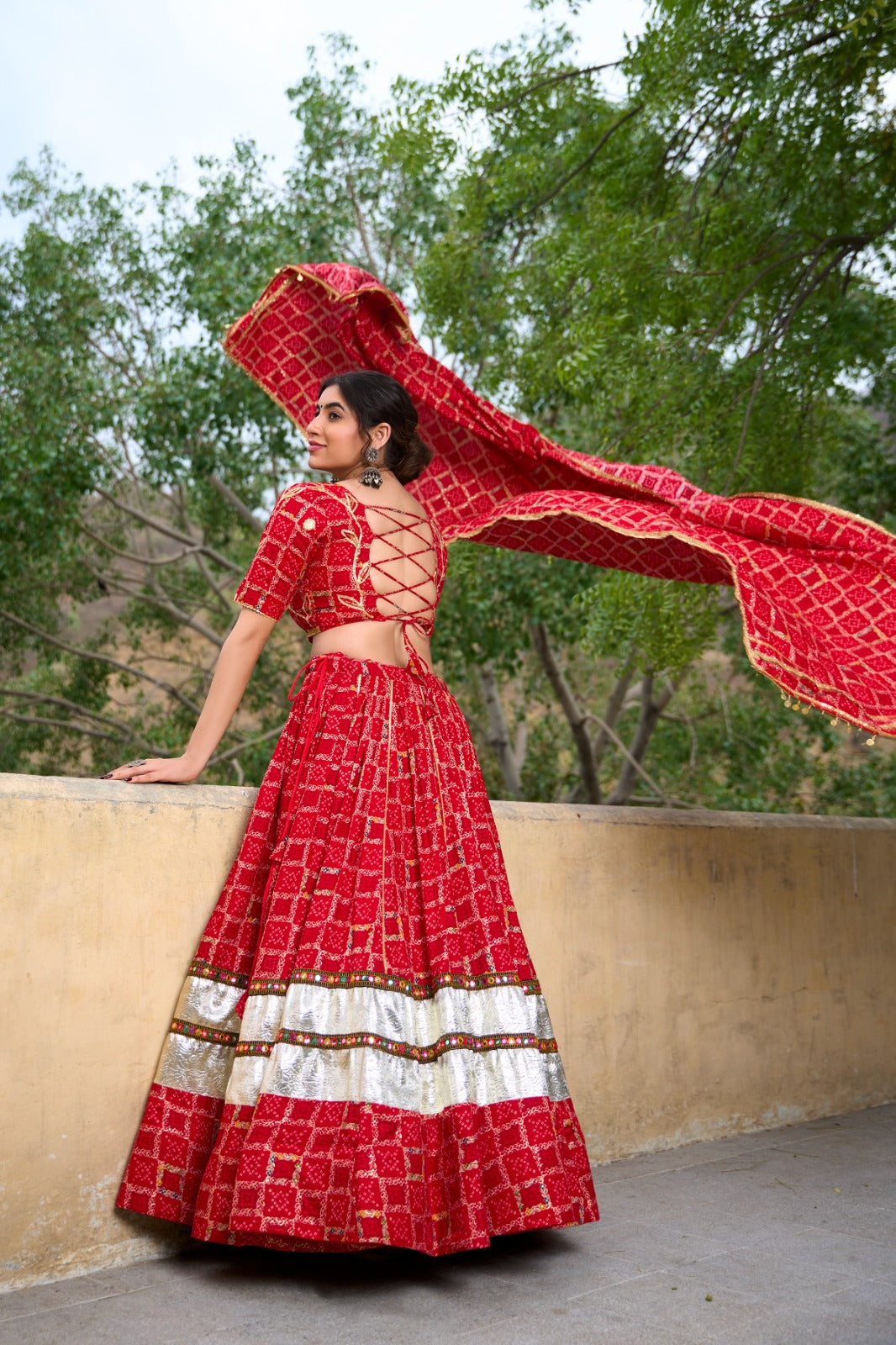 Red Pure Rayon Foil Printed Gota Patti Worked Navratri Lehenga Choli