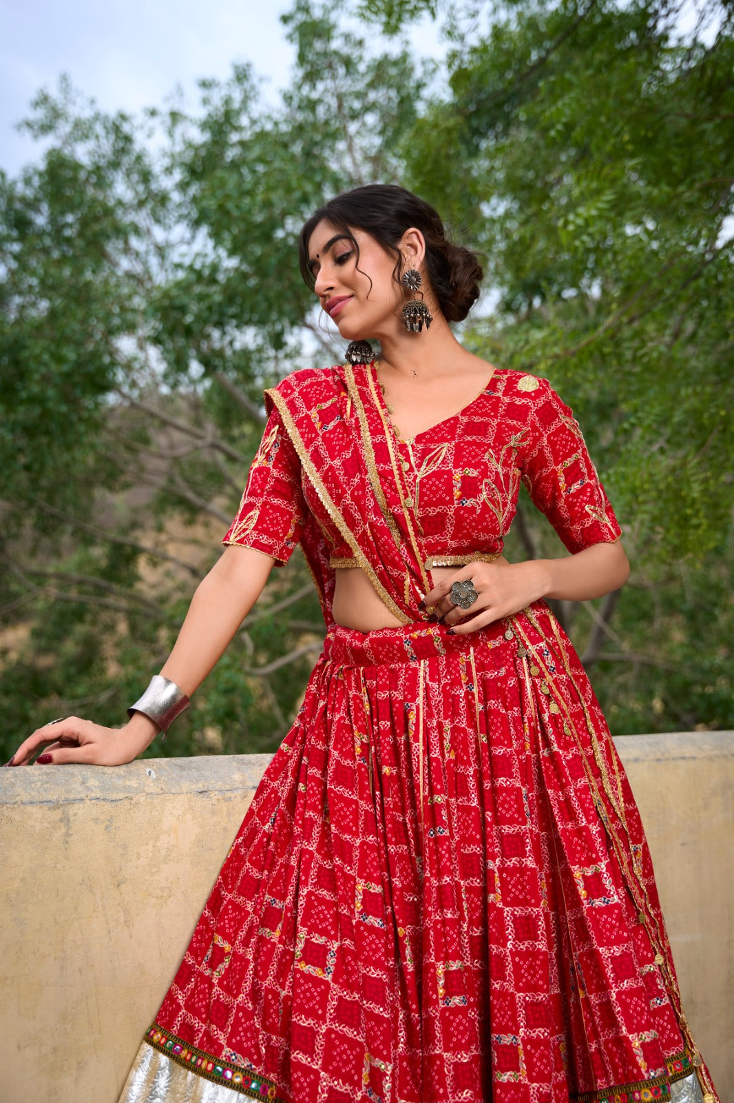 Red Pure Rayon Foil Printed Gota Patti Worked Navratri Lehenga Choli