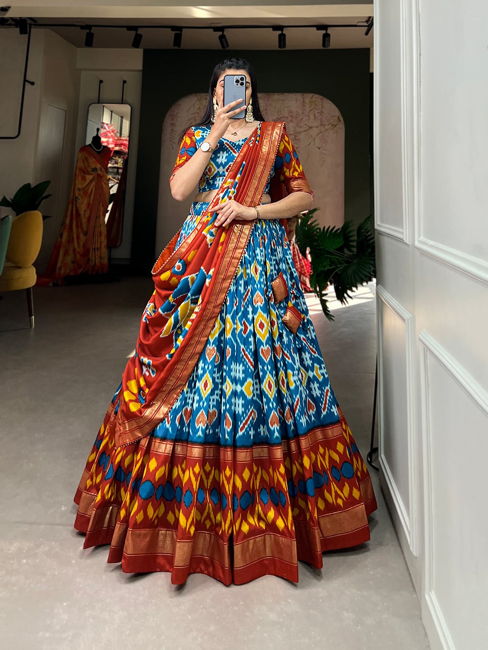 Awesome Tussar Silk Patola Printed Foil Worked Lehenga Choli