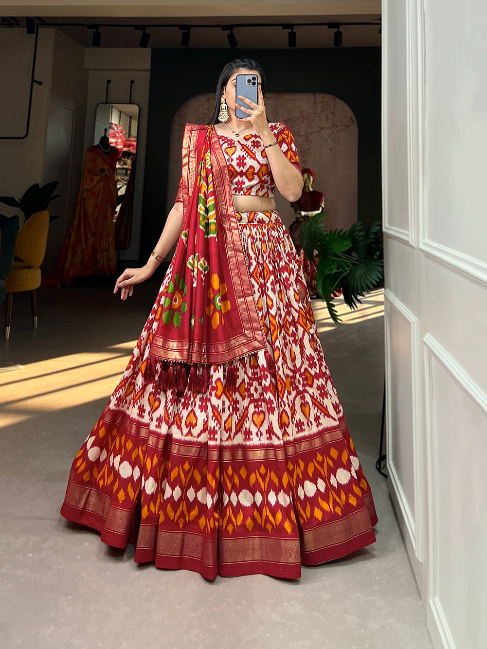 Awesome Tussar Silk Patola Printed Foil Worked Lehenga Choli