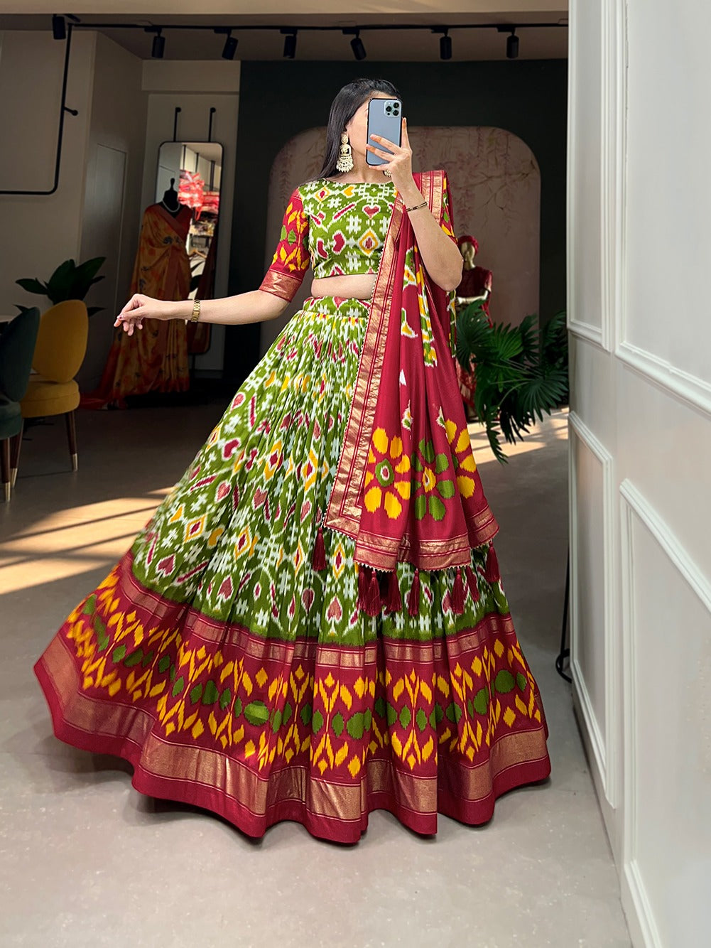 Awesome Tussar Silk Patola Printed Foil Worked Lehenga Choli