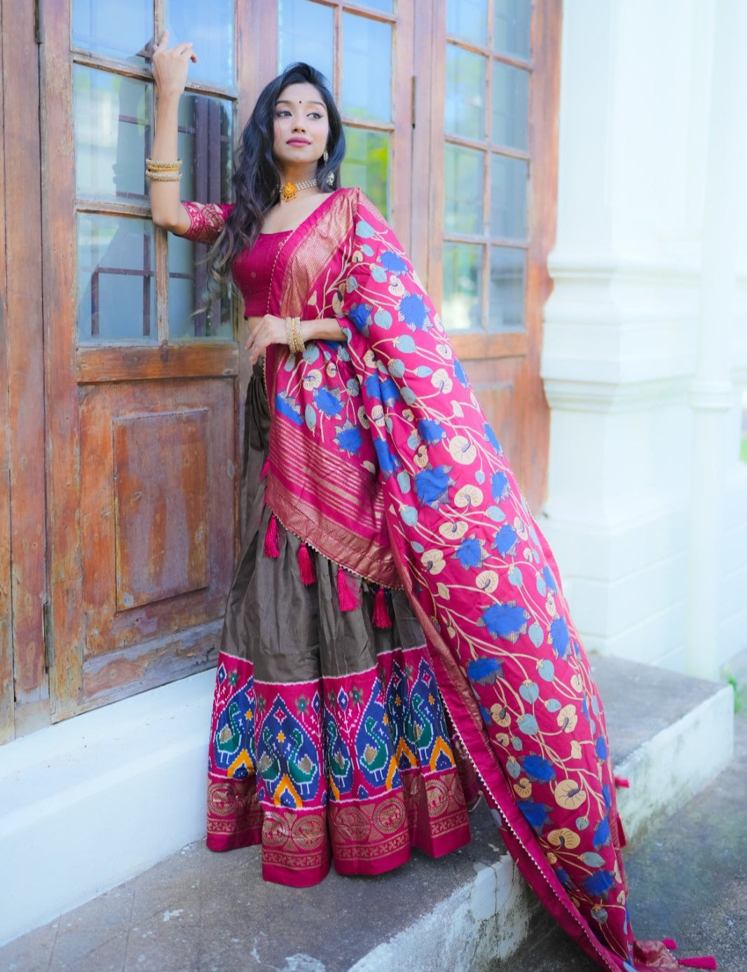 Gray Dola Silk Printed Foil Worked Lehenga Choli Set | Lehenga Choli | Dola Silk Lehenga Choli, Festival, Flared Lehenga, Lehenga Choli, test, Wedding | Mameraa