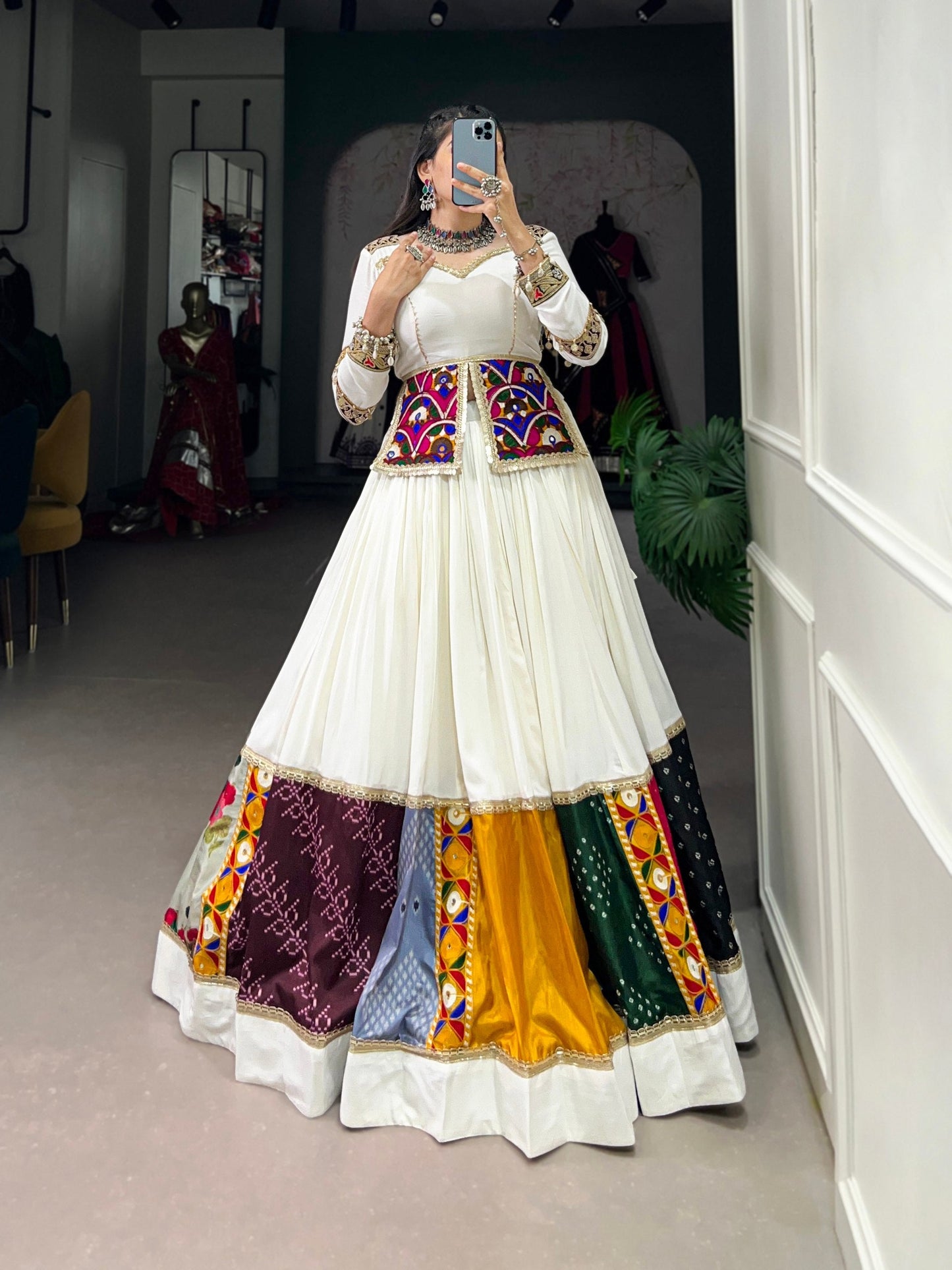 Heartwarming Gamthi White Navratri Rayon Lehenga Choli