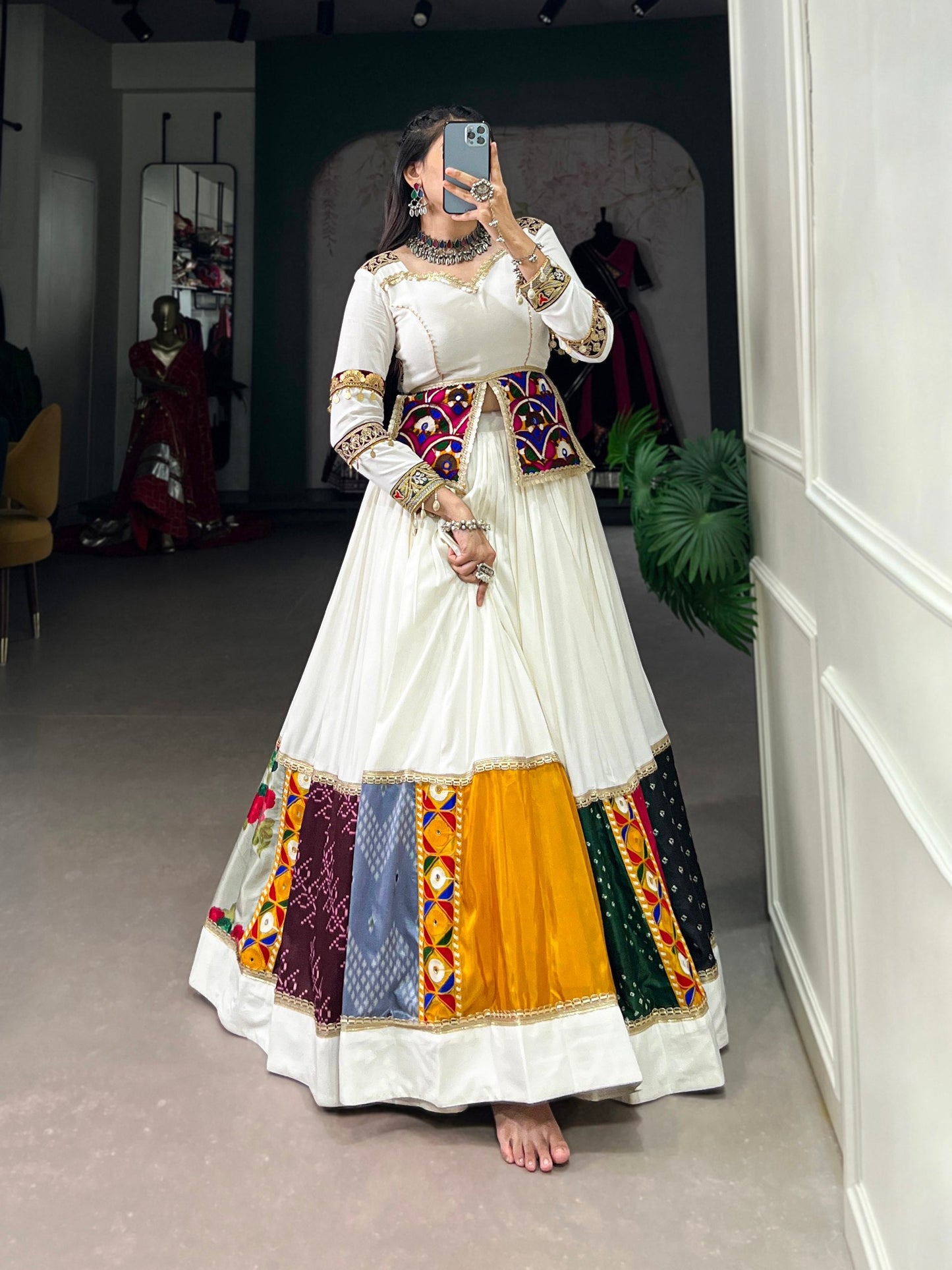 Heartwarming Gamthi White Navratri Rayon Lehenga Choli